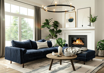 cozy living room with grey sofa, wood burning fireplace and black steel coffee table, large windows with white curtains, fiddle leaf fig tree in corner of the wall