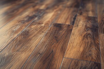 Close-up view of a newly installed wooden laminate flooring with detailed floorboards.