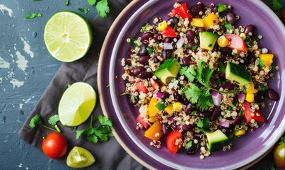 Quinoa and black bean salad with lime on a pastel purple plate