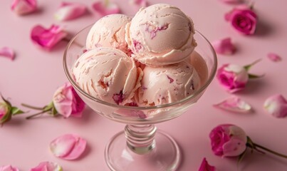 Rose ice cream in a glass bowl on a light pink background