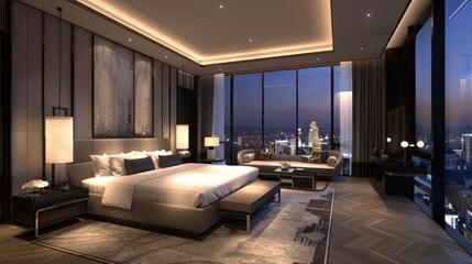 Bedroom interior is in the style of a modern luxury hotel resort, with soft bed linen and large glass windows.
