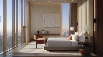 Bedroom interior is in the style of a modern luxury hotel resort, with soft bed linen and large glass windows.