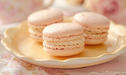 Rose-flavored macarons on a pastel yellow plate