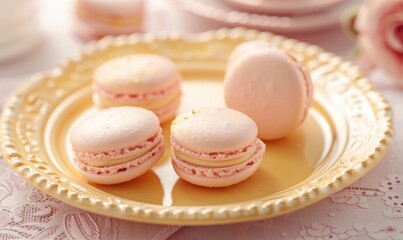 Obraz premium Rose-flavored macarons on a pastel yellow plate