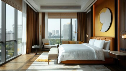 Bedroom interior is in the style of a modern luxury hotel resort, with soft bed linen and large glass windows.