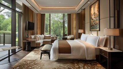 Bedroom interior is in the style of a modern luxury hotel resort, with soft bed linen and large glass windows.
