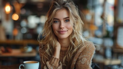 Obraz premium A young woman with a warm smile sits in a cozy cafe, with a cup of coffee in front of her, creating a welcoming and relaxed atmosphere in modern surroundings.