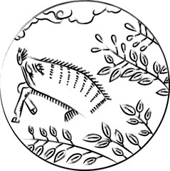 筆書き円形花札　文月　萩　猪　7月　萩に猪