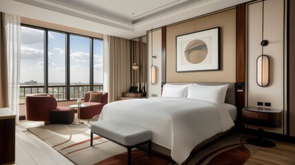 Bedroom interior is in the style of a modern luxury hotel resort, with soft bed linen and large glass windows.