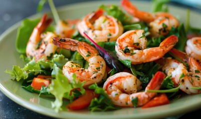 Shrimp and mixed greens salad on a pastel green plate