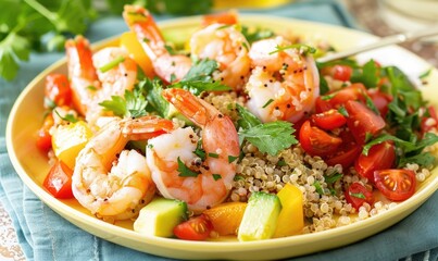 Shrimp and quinoa bowl with vegetables on a pastel yellow plate