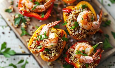 Shrimp and quinoa stuffed bell peppers on a light wooden background