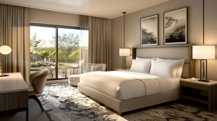 Bedroom interior is in the style of a modern luxury hotel resort, with soft bed linen and large glass windows.
