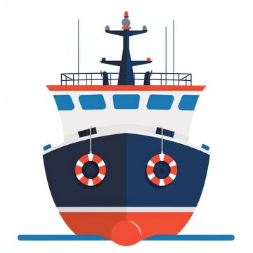 recommend clip art: a cargo ship with lifebuoy clipart, marine insurance element, flat design illustration, blue and white, isolated on white background 