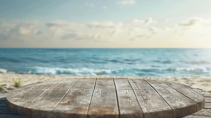 Fototapeta premium Wooden platform podium with beach in the background. Generative AI