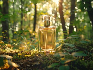 Clear perfume bottle with gold accents standing in the middle of a tranquil forest clearing, with tall trees and dappled sunlight