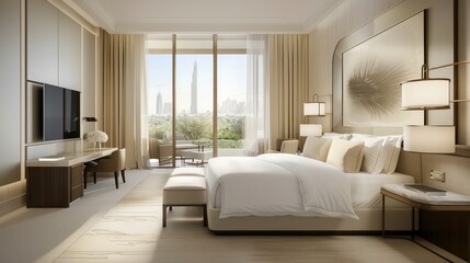 Bedroom interior is in the style of a modern luxury hotel resort, with soft bed linen and large glass windows.