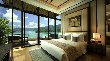 Bedroom interior is in the style of a modern luxury hotel resort, with soft bed linen and large glass windows.