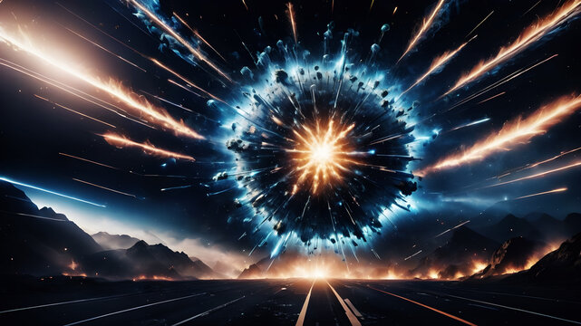 A depiction of a digital network exploding outward from a central point. Blue-toned lines and dots should burst outwards in all directions, with varying lengths and brightness. The background should b