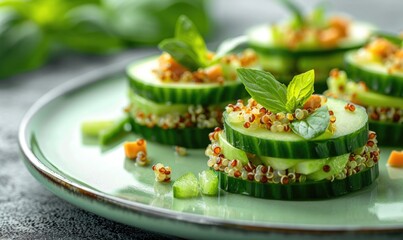 Avocado and quinoa salad on cucumber rounds on a pastel green plate