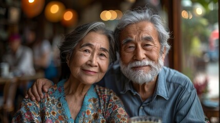 Obraz premium A delighted elderly couple, dressed comfortably, smiles at the camera while sitting side by side at a cozy cafe, radiating love and togetherness amid a warm ambiance.