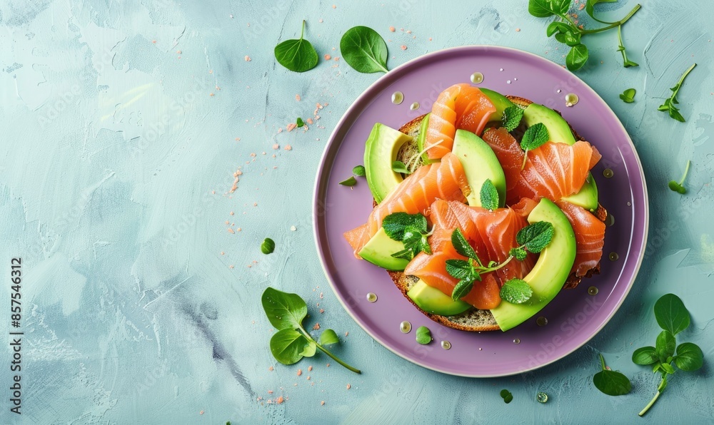 Wall mural avocado and salmon toast on a pastel purple plate - Wall murals