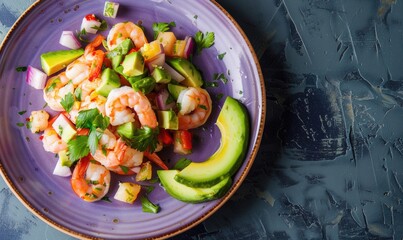 Avocado and shrimp ceviche on a pastel purple plate