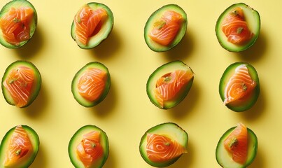 Avocado and smoked trout bites on a light yellow background