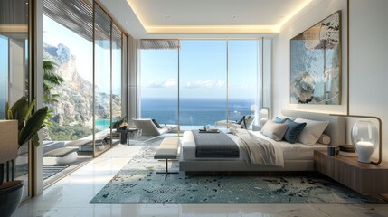Bedroom interior is in the style of a modern luxury hotel resort, with soft bed linen and large glass windows.