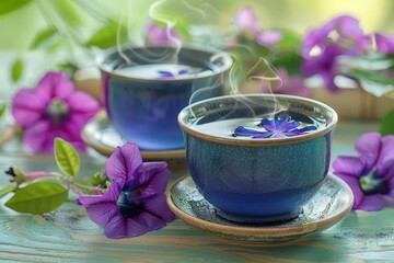 Steaming butterfly pea tea in a ceramic cup, with a background of fresh flowers and a tropical setting Butterfly Pea Tea, tropical brilliance
