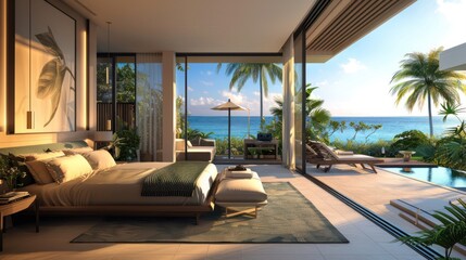 Bedroom interior is in the style of a modern luxury hotel resort, with soft bed linen and large glass windows.