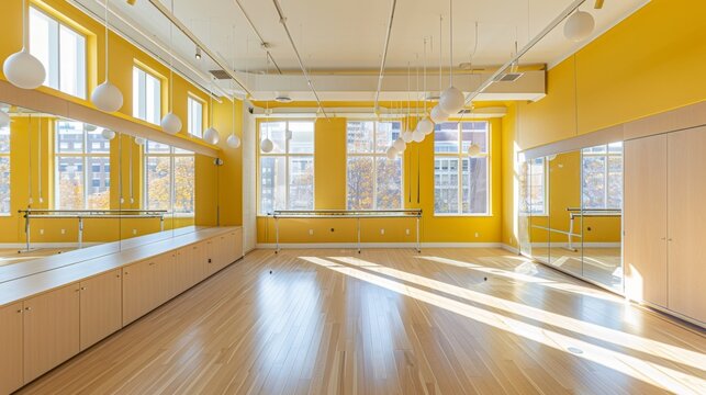 Bright and Spacious Modern Dance Studio with Mirrors, Generative AI
