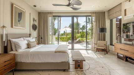 Bedroom interior is in the style of a modern luxury hotel resort, with soft bed linen and large glass windows.