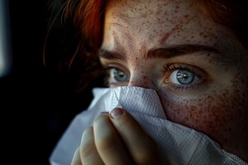 A woman with a red nose and puffy eyes, holding a tissue and looking into the distance