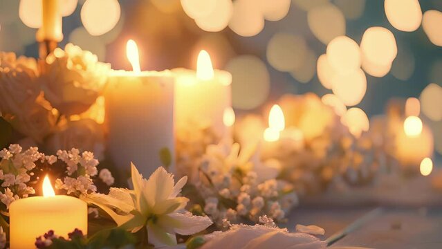 Muted defocused decorations of flowers and candles adding to the grandeur of the event.