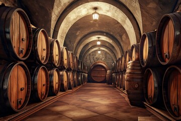 Obraz premium Winery with Wine Barrels in a Traditional Wine Cellar Setting