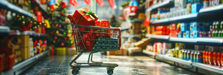 The holiday shopping cart is filled with gifts in the festive supermarket aisle, bringing cheer and Christmas celebration. Consumers purchase presents, enjoying the jolly atmosphere