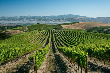 Fototapeta premium Scenic Vineyard Landscape with Rows of Lush Grapevines