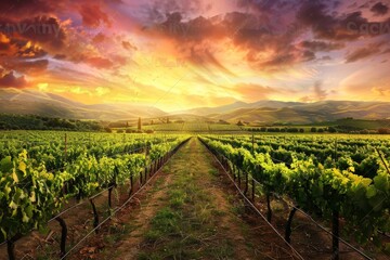 Fototapeta premium Scenic Vineyard Landscape with Rows of Lush Grapevines