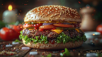 Delicious cheeseburger with fresh vegetables and sesame seed bun, close-up shot. Gourmet fast food and culinary concept