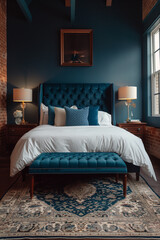 Fototapeta premium interior of a hotel room with blue wall and king bed