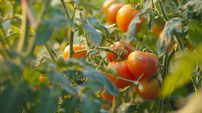 Bio tomato in the backyard Garden with bug bite