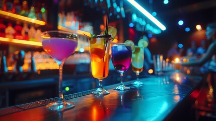 A long bar in a nightclub, a bar with many different colorful alcoholic cocktails in glasses. Gay party celebration. Nightclub interior. Pride Month.