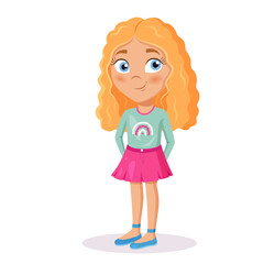 Cute cartoon shy blonde curly girl character.	
