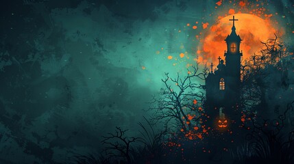 A haunted church with a full moon glowing in the background, surrounded by gnarled trees and an eerie atmosphere, perfect for a spooky Halloween scene.