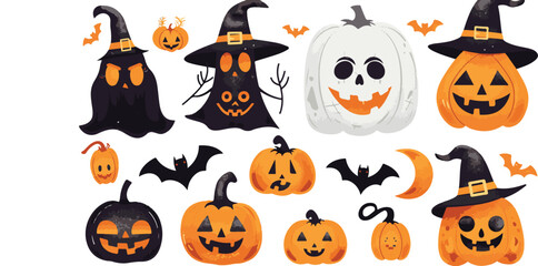 Halloween illustration with pumpkins witches bats and decor elements Sticker set of halloween
