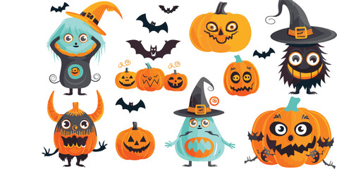 Halloween illustration with pumpkins witches bats and decor elements Sticker set of halloween

