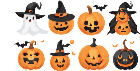 Halloween illustration with pumpkins witches bats and decor elements Sticker set of halloween
