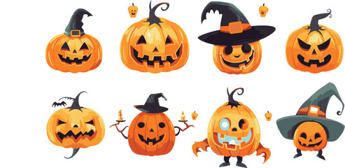 Halloween illustration with pumpkins witches bats and decor elements Sticker set of halloween
