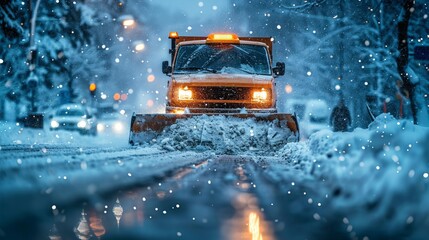 Snow plow truck working hard during heavy snowfall in an urban street, showcasing efforts to keep roads clear for safe driving and transportation during winter.